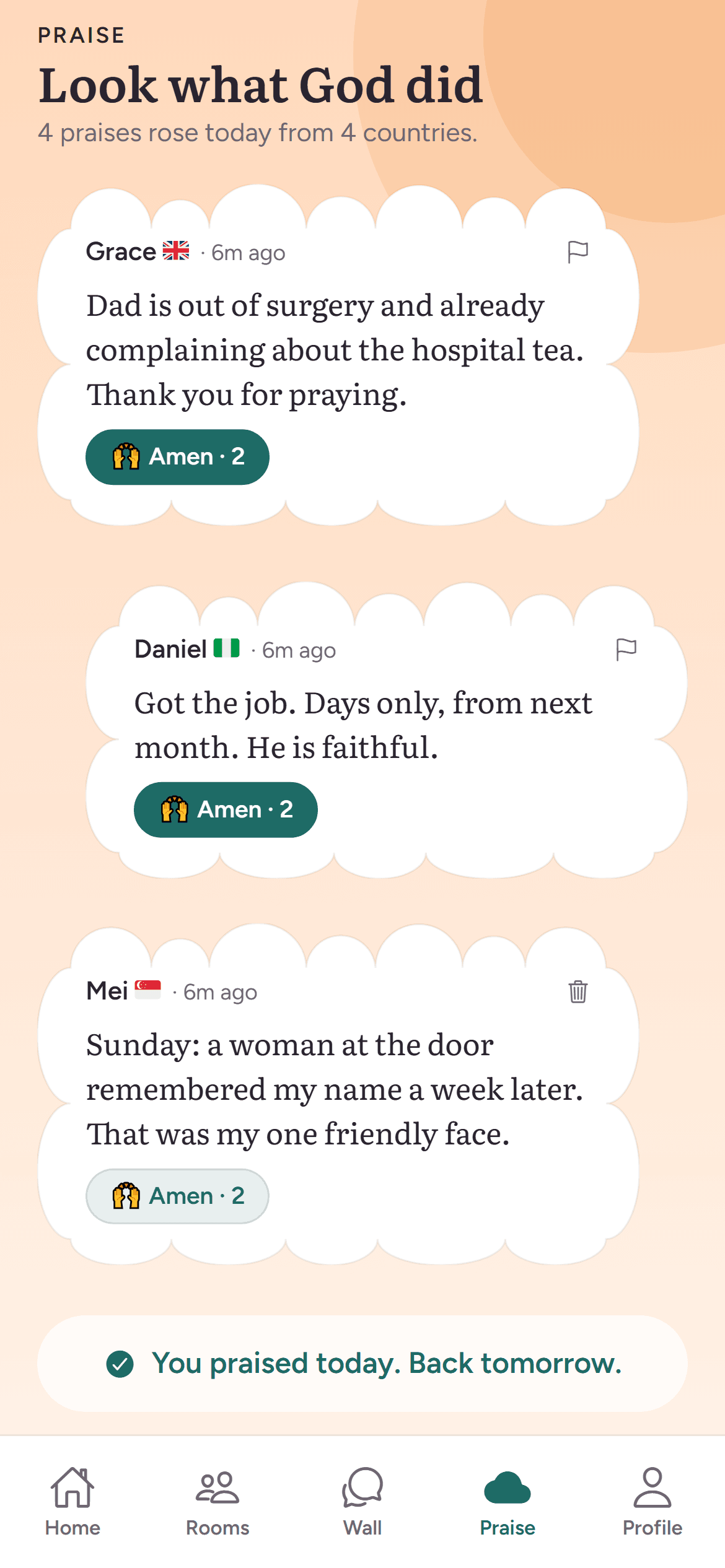 The praise sky in PrayMatch, cloud-shaped notes of answered prayer