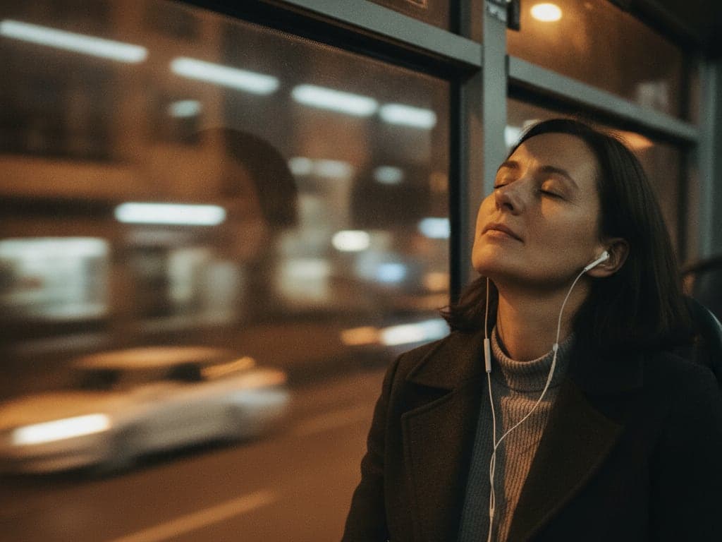 A woman on a night bus with earbuds in and her eyes closed, listening to someone pray for her